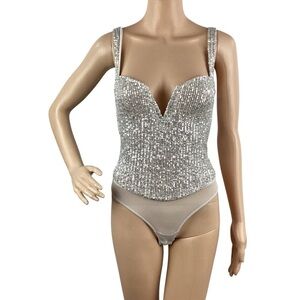 Free People Sparks Fly Thong Sequin Bodysuit Size XS Silver Combo